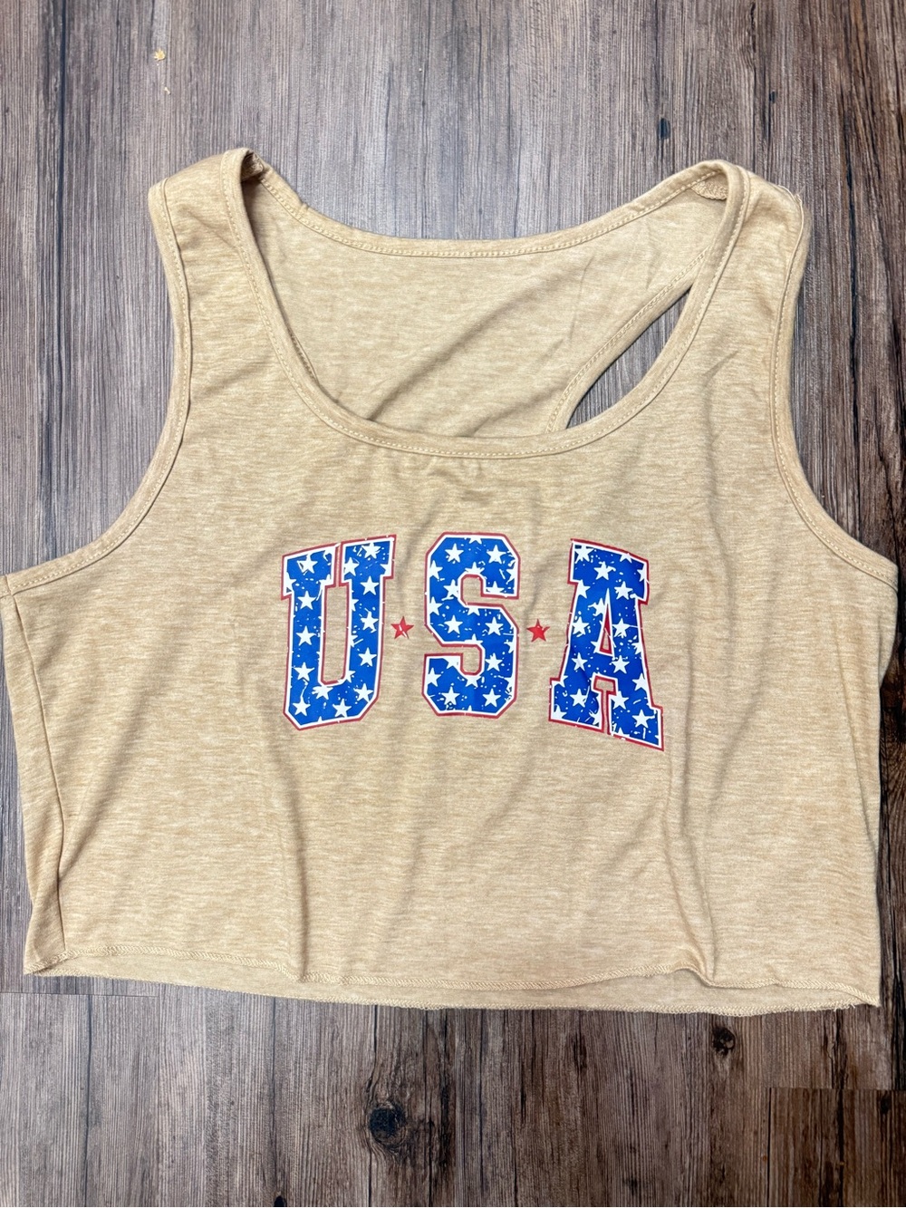 USA Star Graphic Crop Tank Top - tan Memorial Day Fourth of July